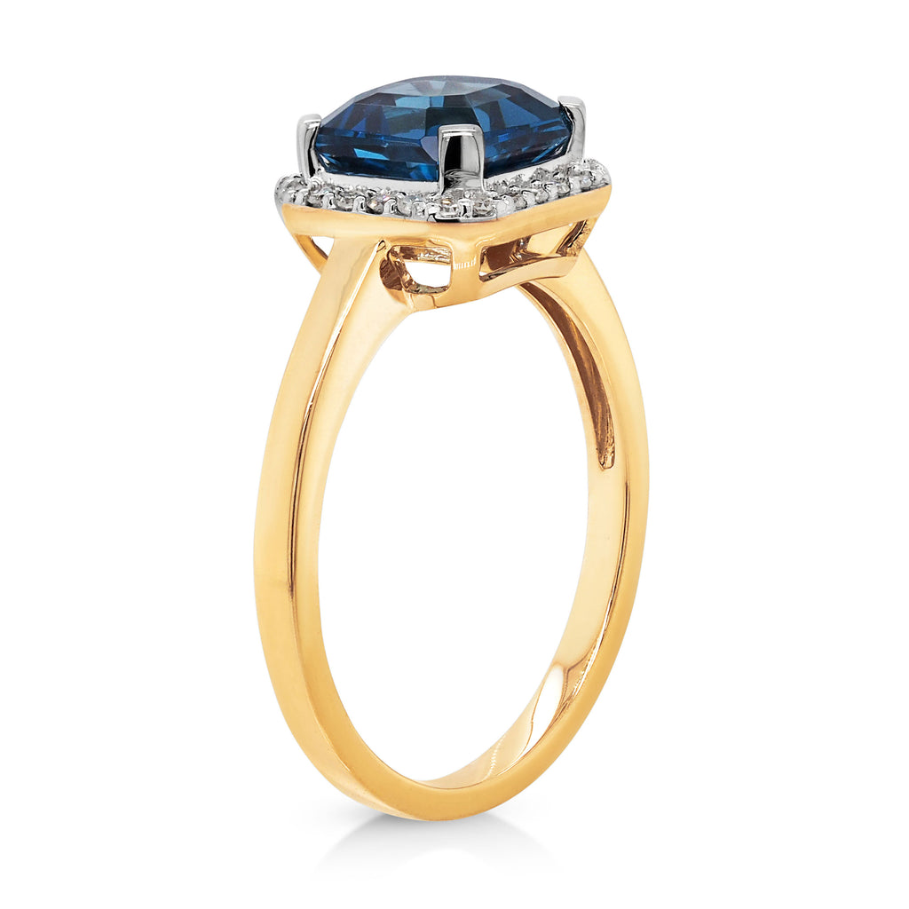 9ct Gold Emerald Cut London Blue Topaz and Diamond Ring