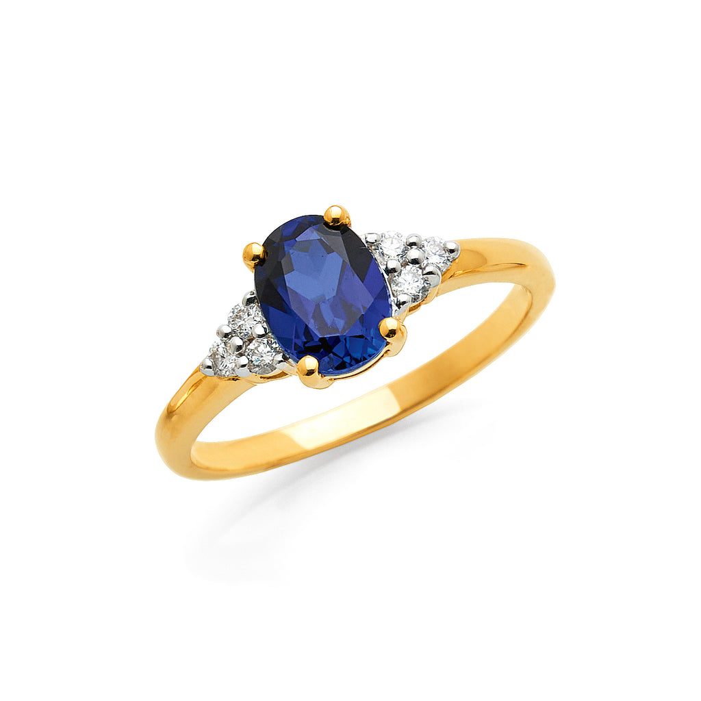 9ct Yellow Gold Oval Created Sapphire & Diamond Ring TDW 0.1