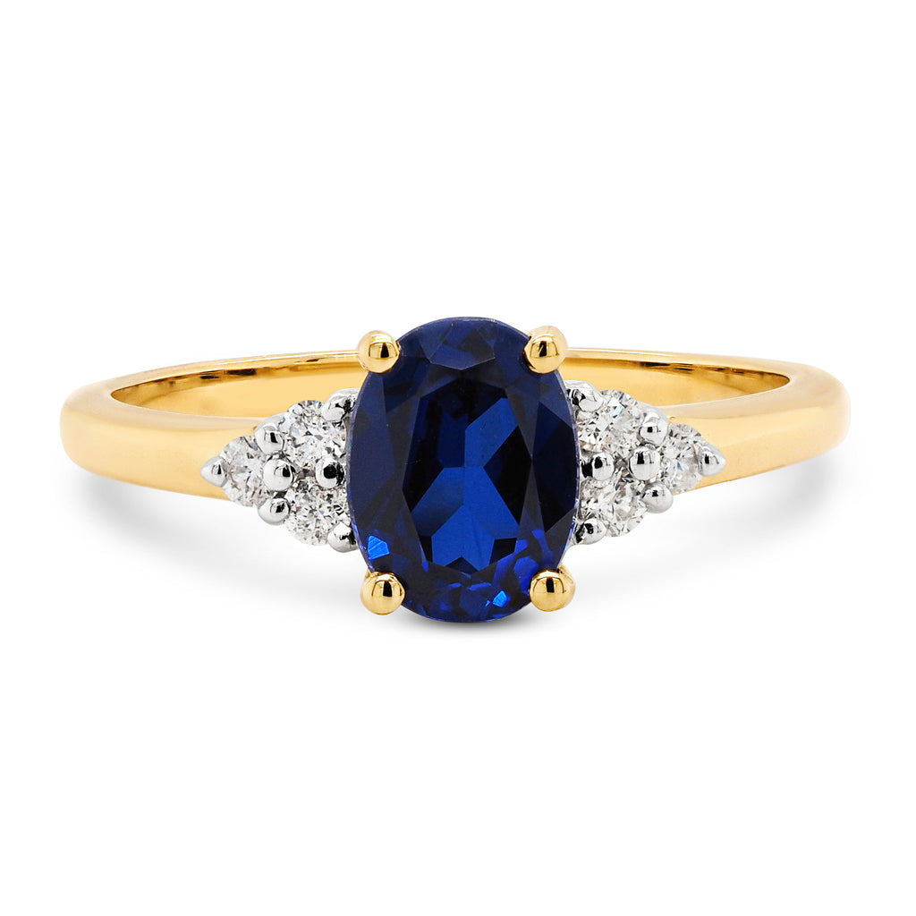 9ct Yellow Gold Oval Created Sapphire & Diamond Ring TDW 0.1