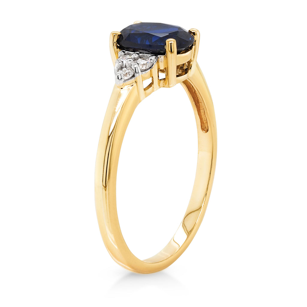 9ct Yellow Gold Oval Created Sapphire & Diamond Ring TDW 0.1