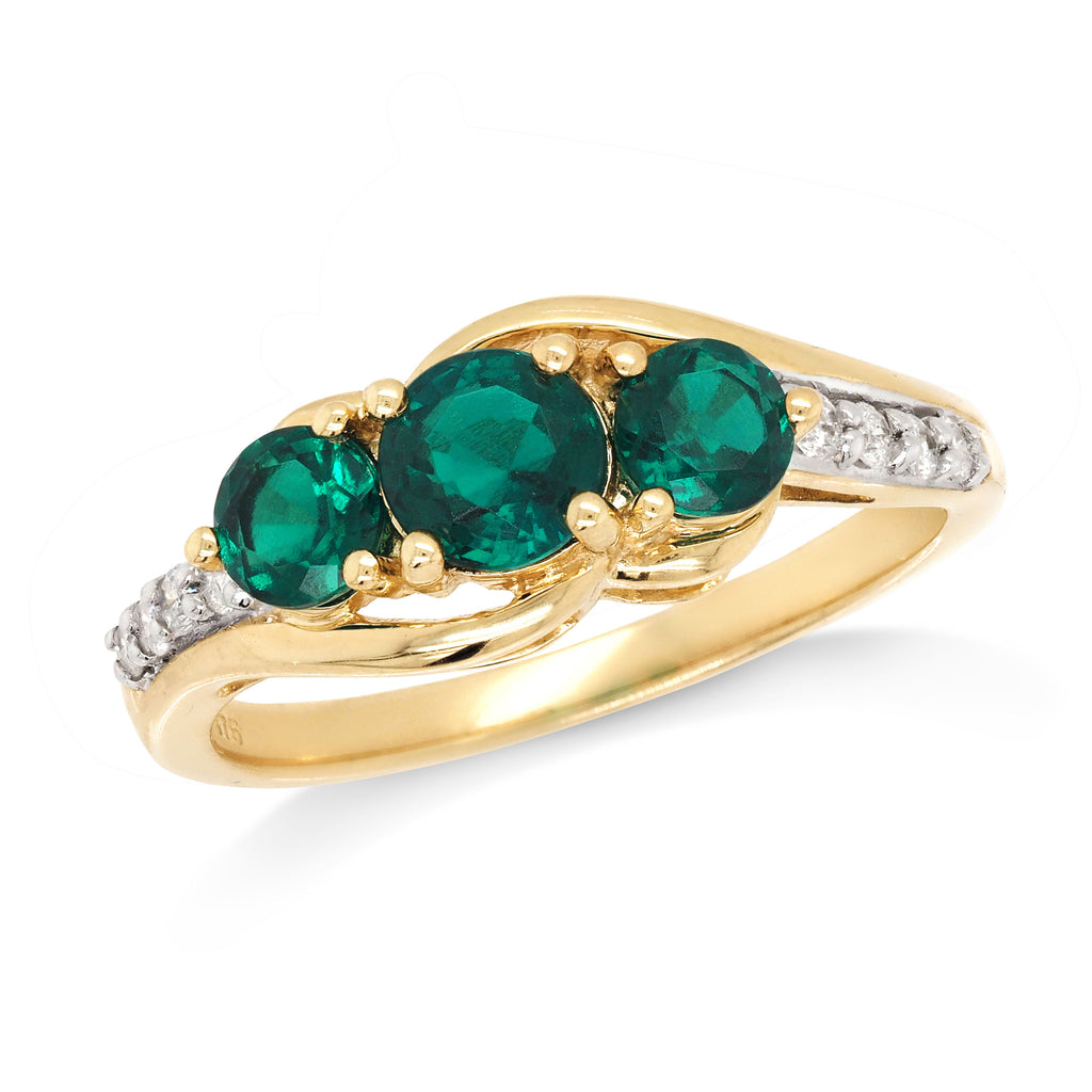 9ct Yellow Gold Created Emerald Trilogy & Diamond Ring TDW 0