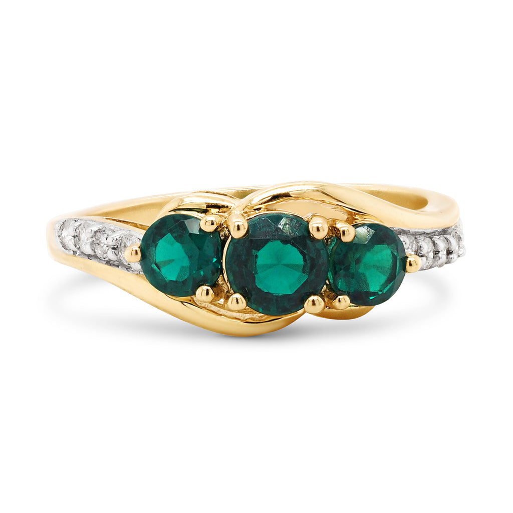 9ct Yellow Gold Created Emerald Trilogy & Diamond Ring TDW 0