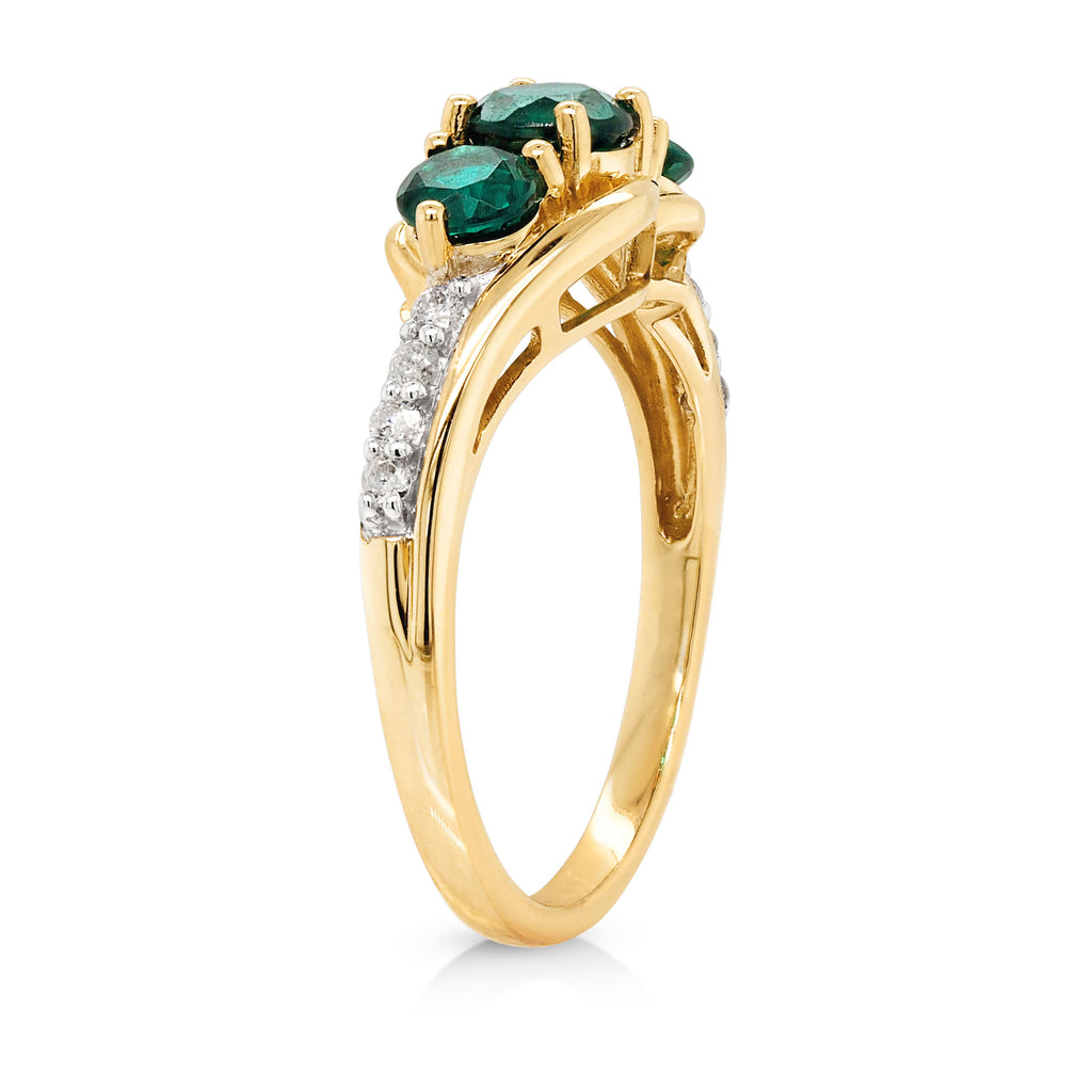 9ct Yellow Gold Created Emerald Trilogy & Diamond Ring TDW 0