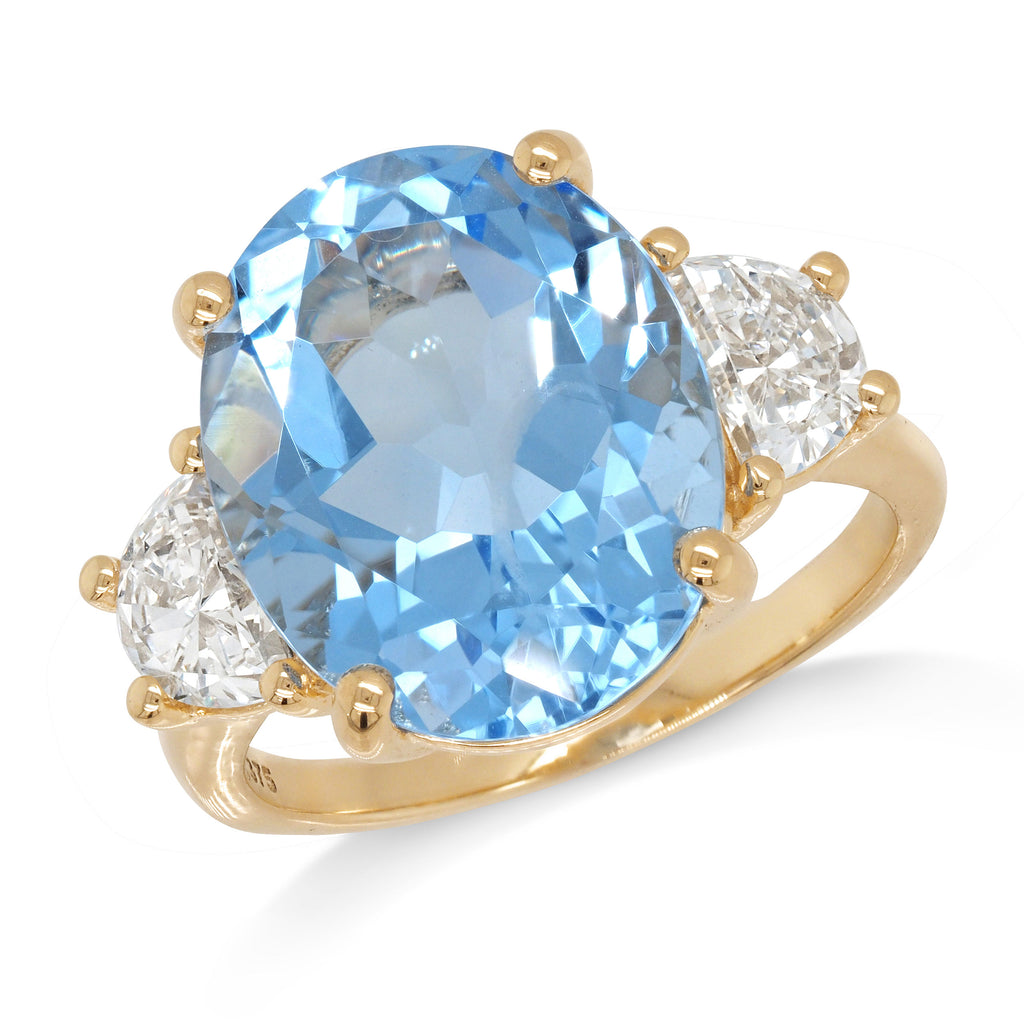 9ct Yellow Gold Oval Lab-Grown Blue Quartz & Diamond Ring TD