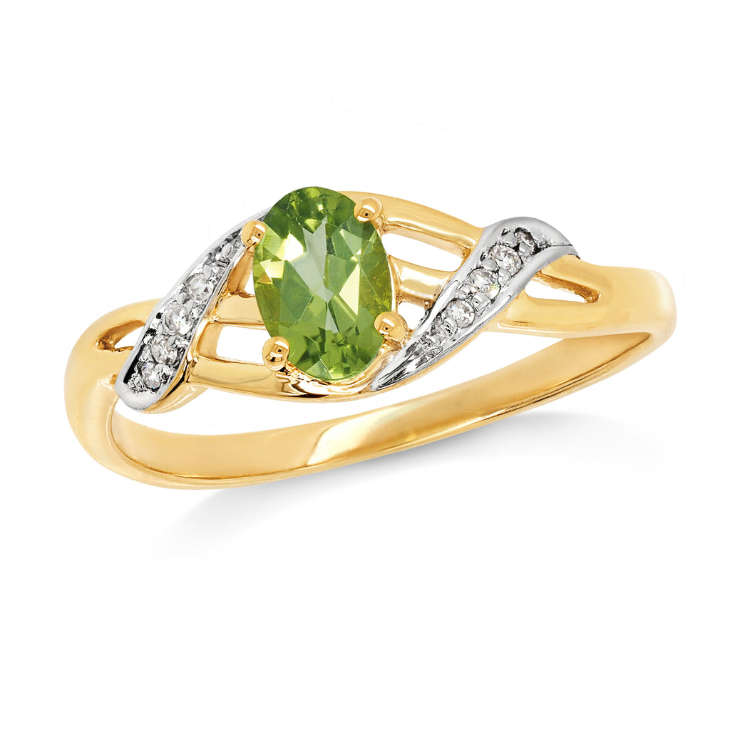 9ct Yellow Gold Oval Peridot & Diamond Split Shoulder Ring