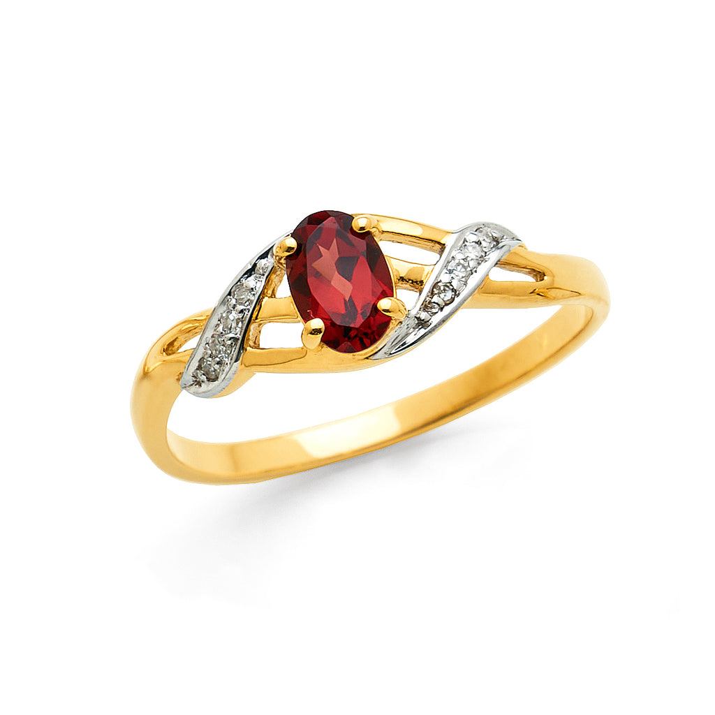 9ct Yellow Gold Oval Garnet & Diamond Split Shoulder Ring