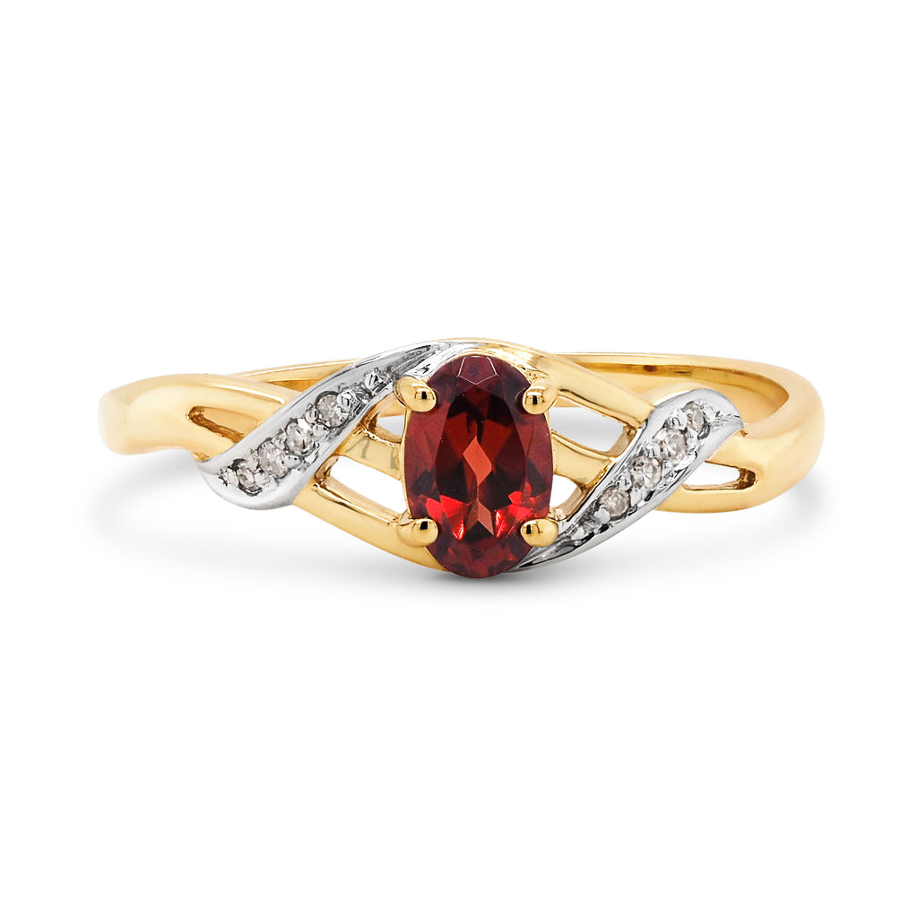 9ct Yellow Gold Oval Garnet & Diamond Split Shoulder Ring