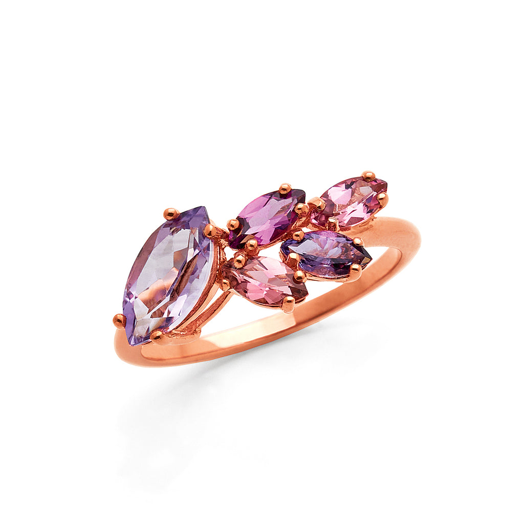 9ct Rose Gold Marquise Shaped Amethyst, Rhodolite & Tourmali