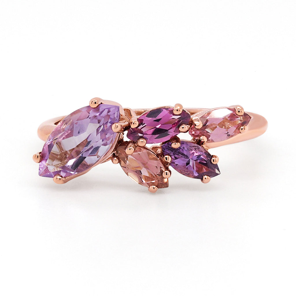 9ct Rose Gold Marquise Shaped Amethyst, Rhodolite & Tourmali