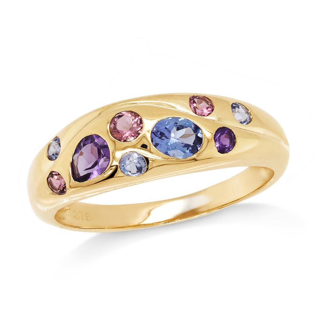 9ct Yellow Gold Tanzanite, Amethyst, Tourmaline Domed Ring