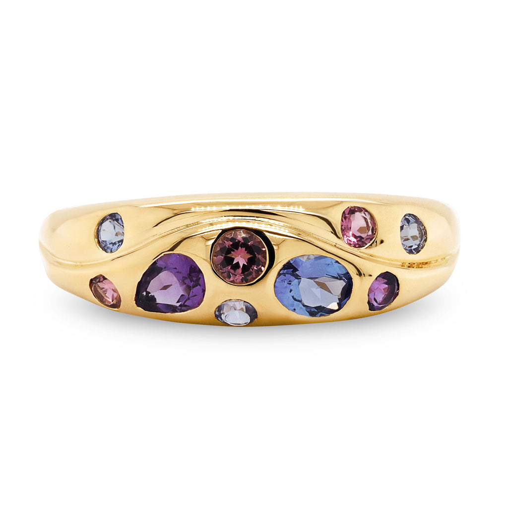 9ct Yellow Gold Tanzanite, Amethyst, Tourmaline Domed Ring