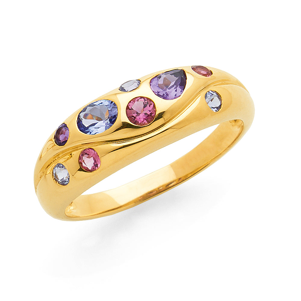 9ct Yellow Gold Tanzanite, Amethyst, Tourmaline Domed Ring