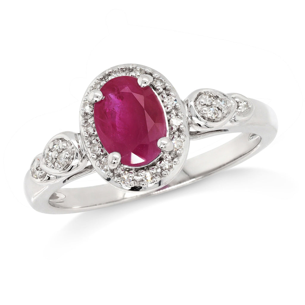 9ct White Gold Oval Ruby & Diamond Halo Ring