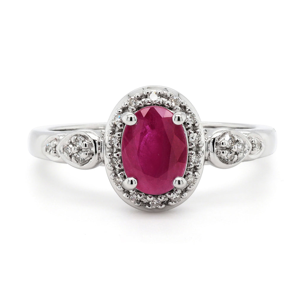 9ct White Gold Oval Ruby & Diamond Halo Ring