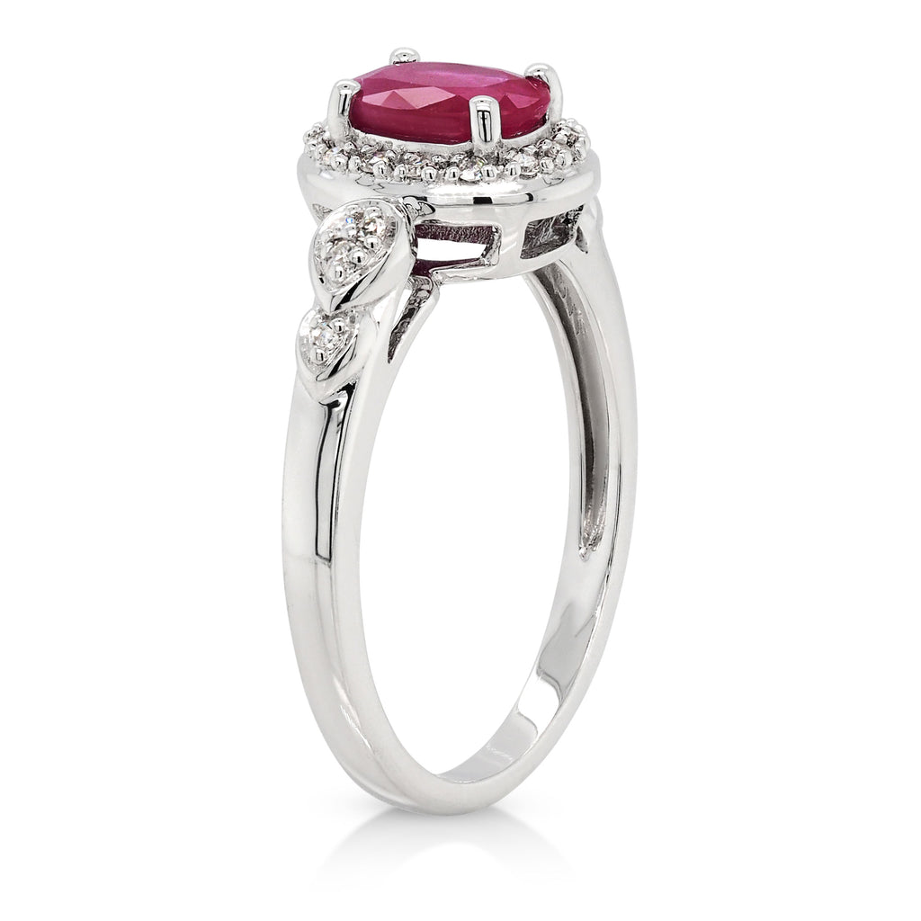 9ct White Gold Oval Ruby & Diamond Halo Ring