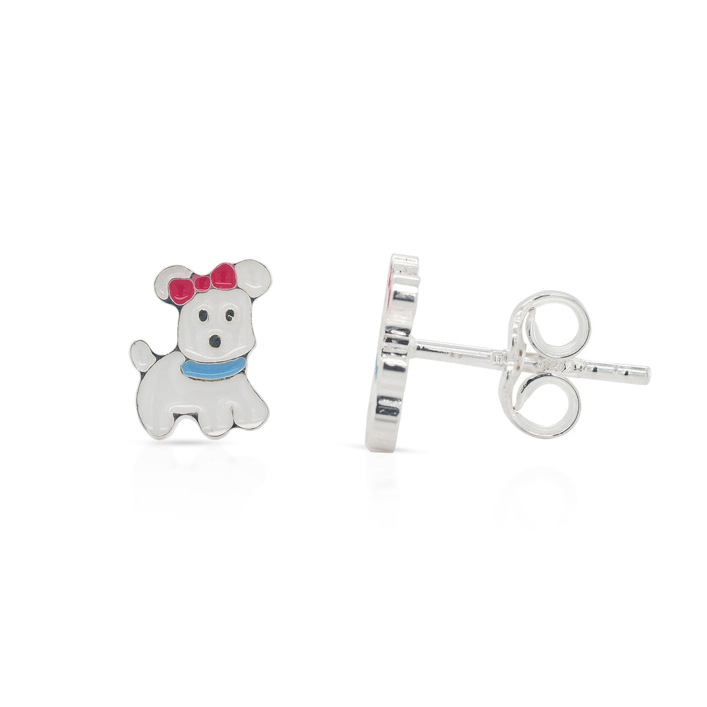 Sterling Silver White Enamel Dog With Pink Bow Stud Earrings