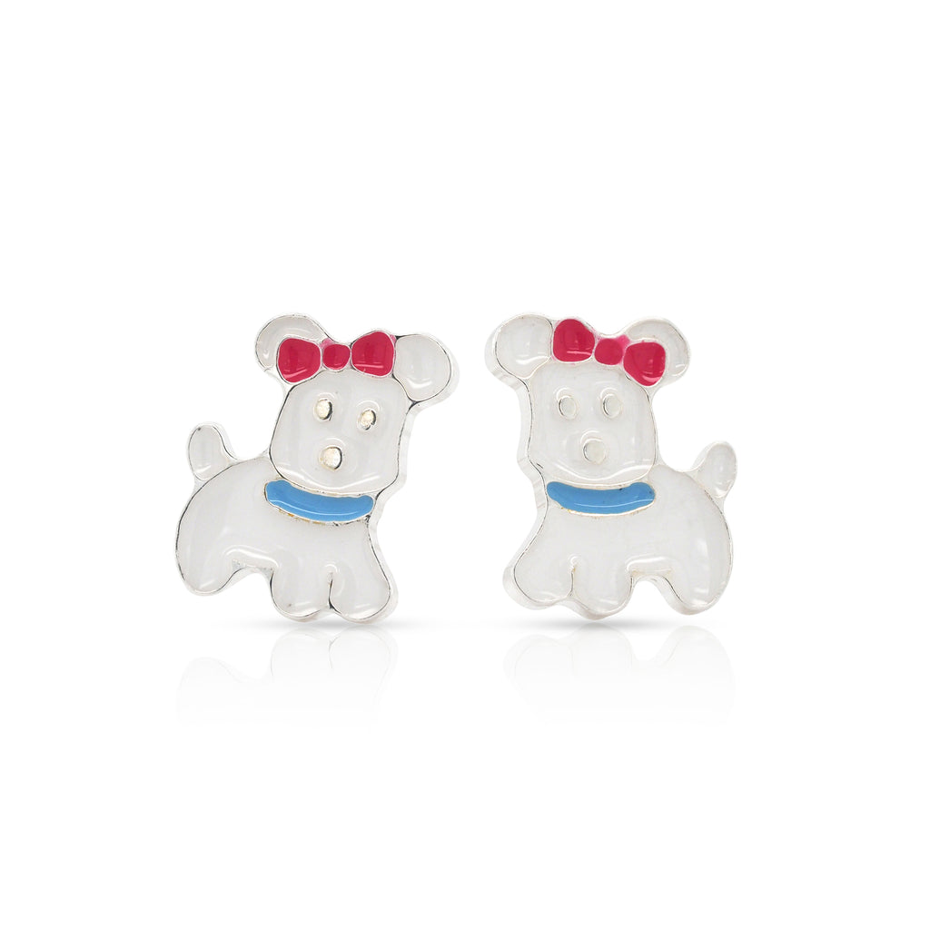 Sterling Silver White Enamel Dog With Pink Bow Stud Earrings