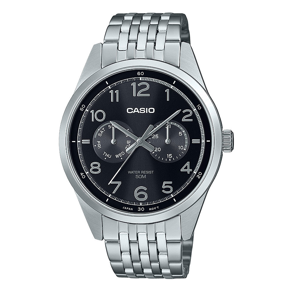 Casio Stainless Steel Black Dial Analogue Watch MTPE340D-1A