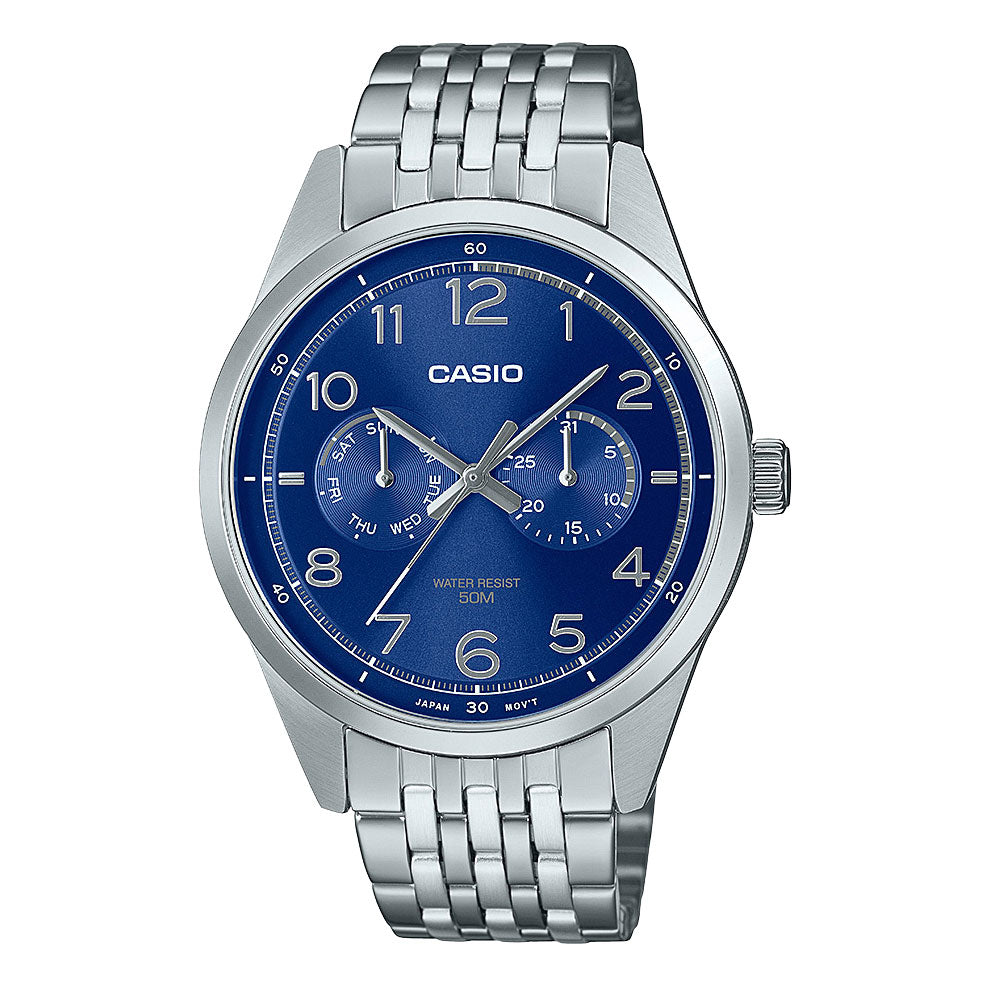 Casio Stainless Steel Blue Dial Analogue Watch MTPE340D-2A