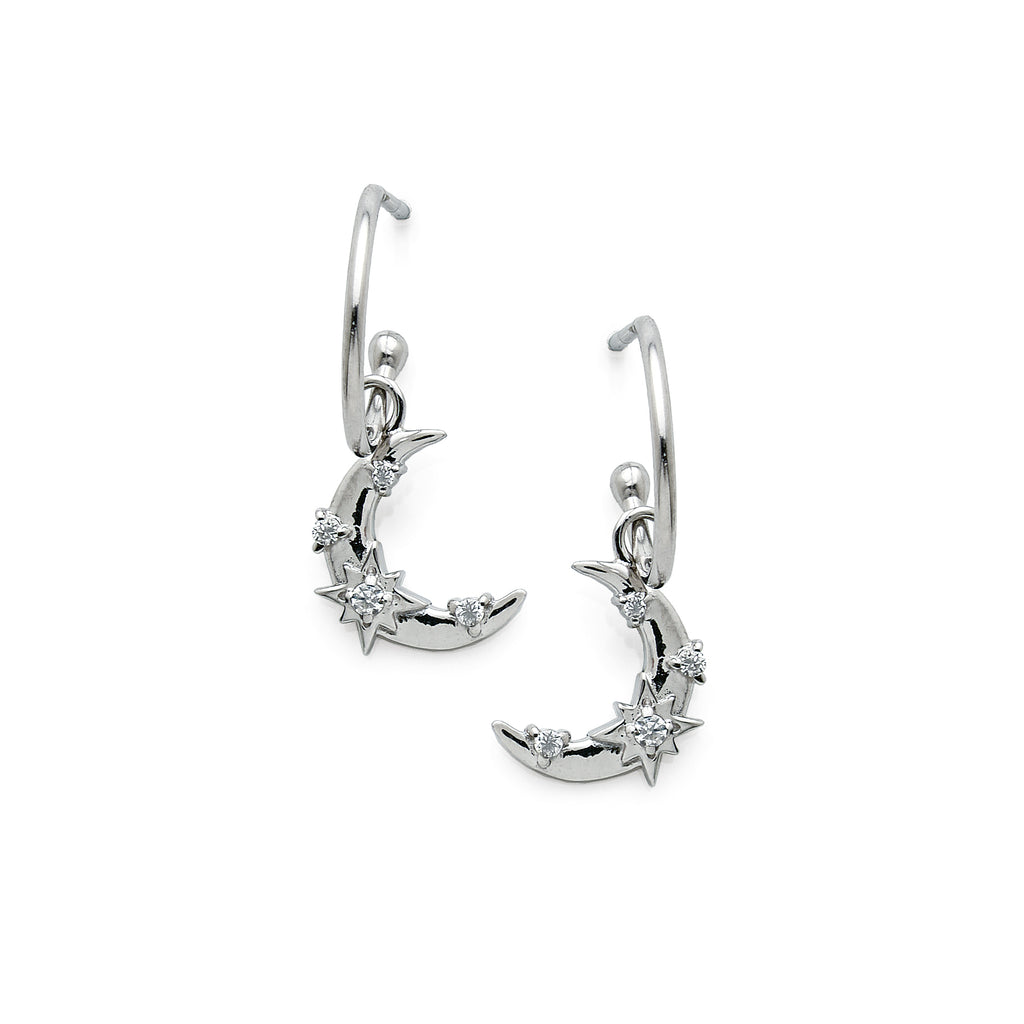 Sterling Silver Cubic Zirconia Crescent Moon & Star 3/4 Hoop