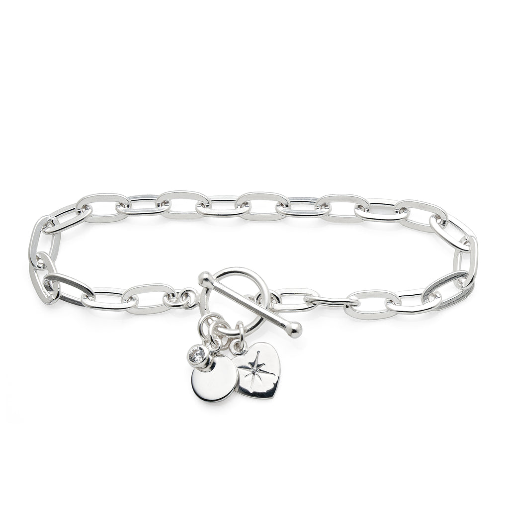 Sterling Silver Paper Clip Link Cubic Zirconia & Heart Charm