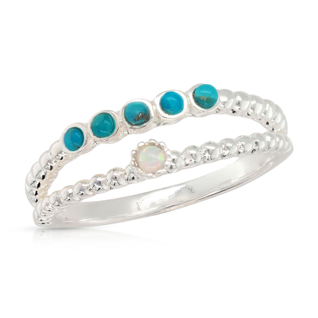 Sterling Silver Opal Look & Turquoise Beaded Split Band Ring