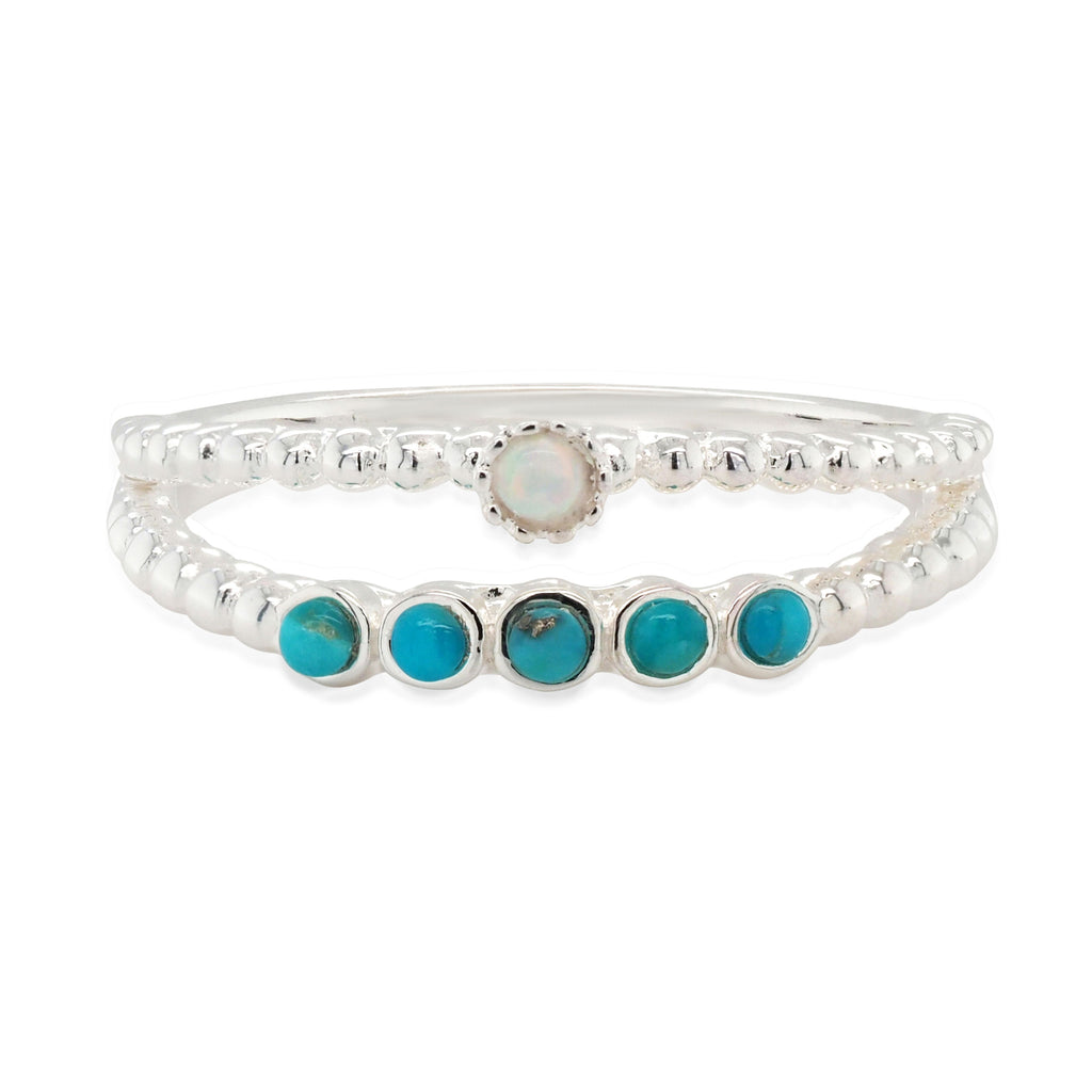 Sterling Silver Opal Look & Turquoise Beaded Split Band Ring