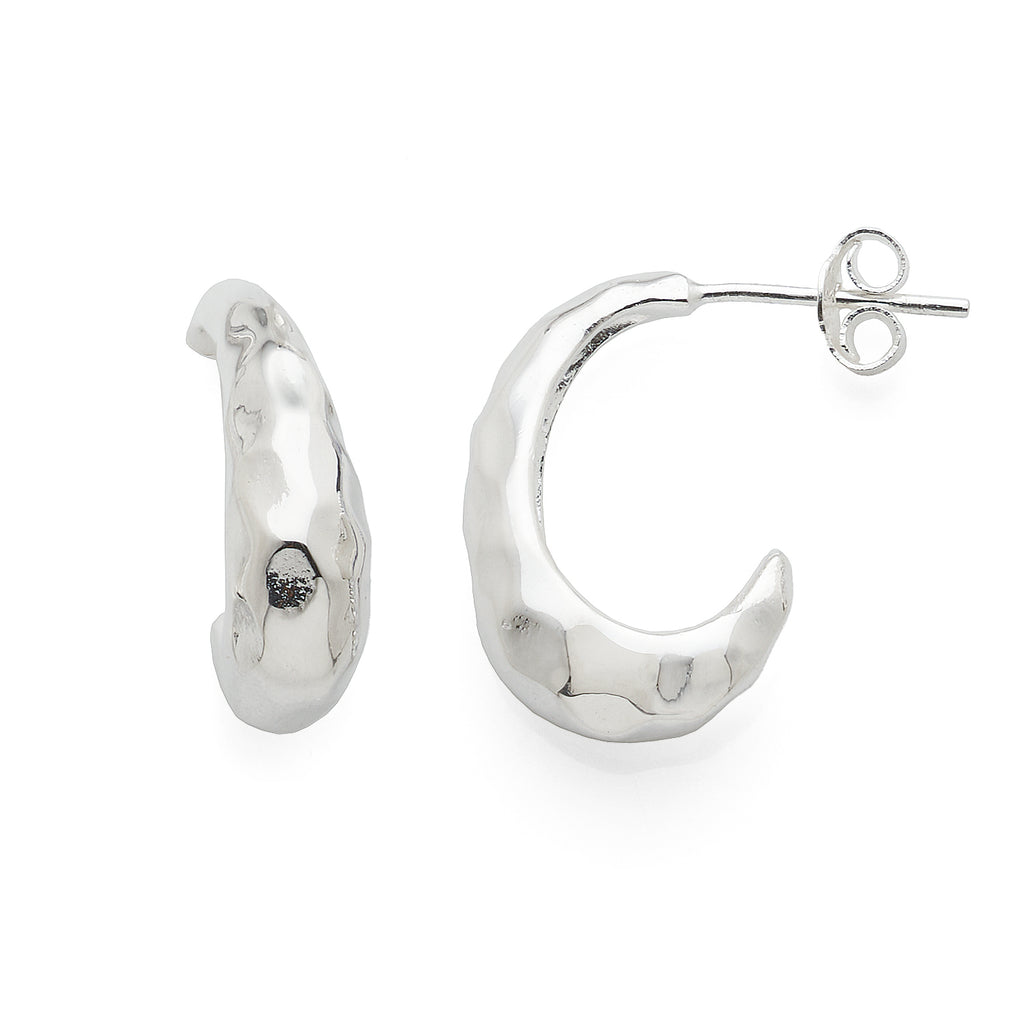 Sterling Silver Hammered Tapered 13mm 3/4 Hoop Stud Earrings