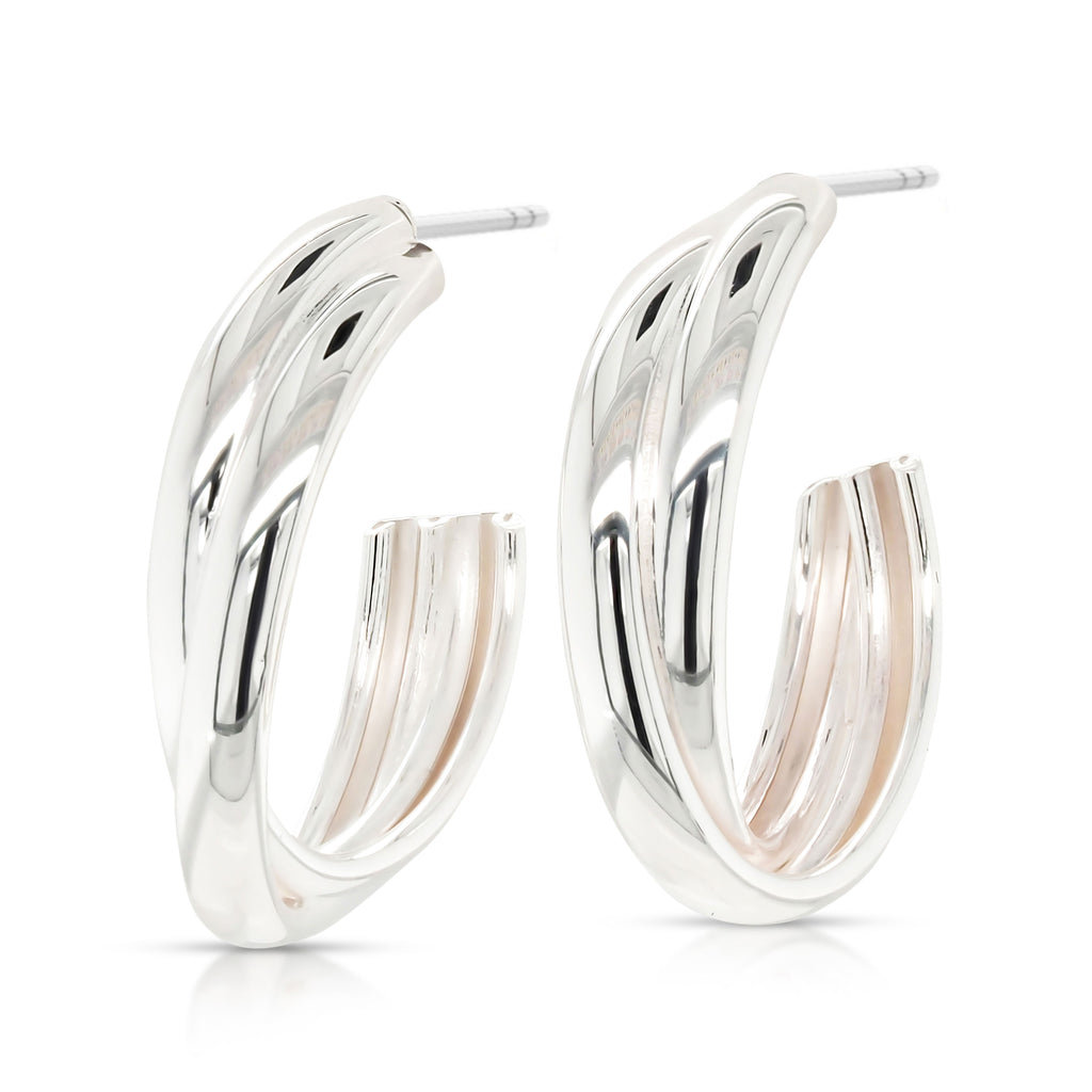 Sterling Silver Double Crossover Oval 3/4 Hoop Stud Earrings