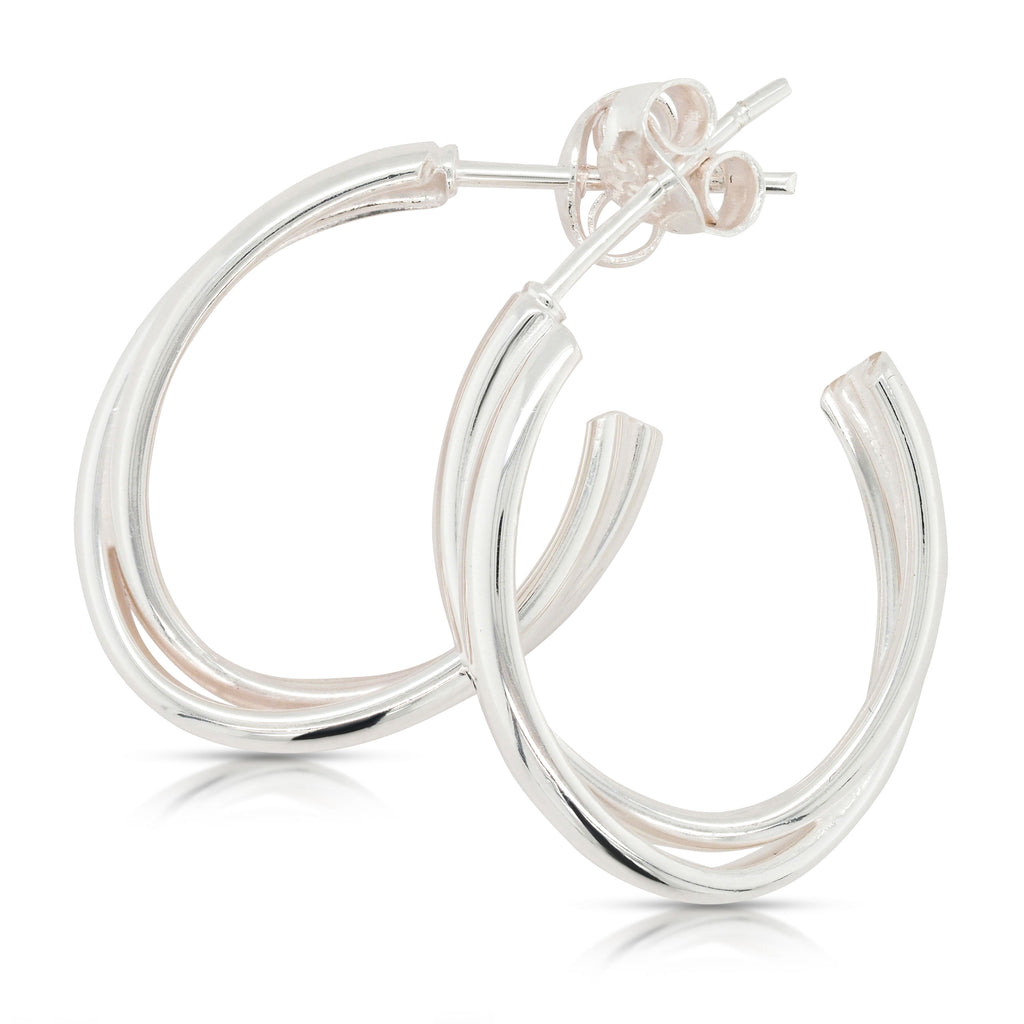 Sterling Silver Double Crossover Oval 3/4 Hoop Stud Earrings