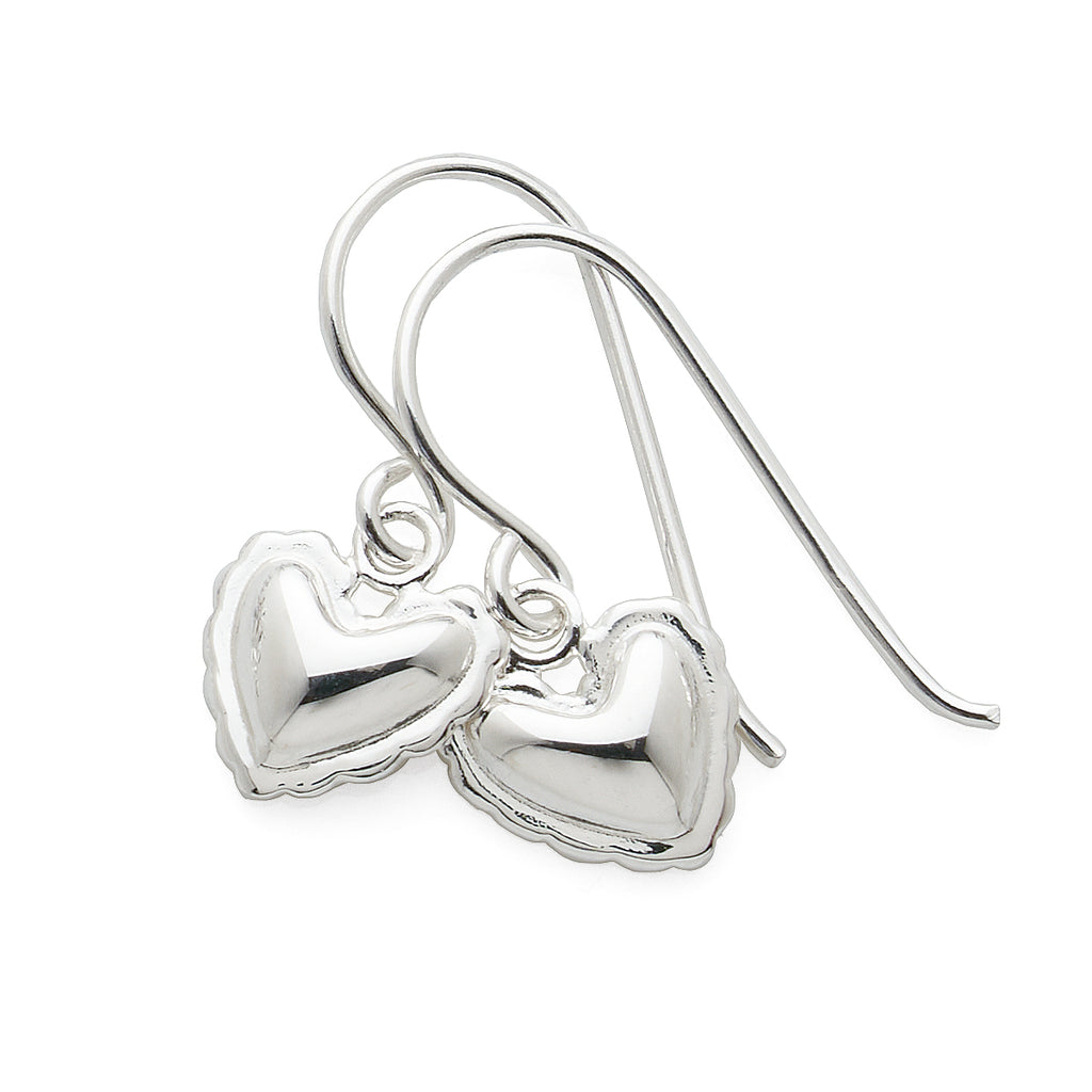 Sterling Silver Scalloped Edge Domed Heart Hook Earrings