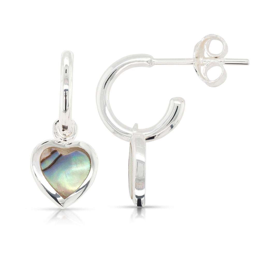 Sterling Silver Paua Shell Hanging Heart 7mm 3/4 Hoop Stud E