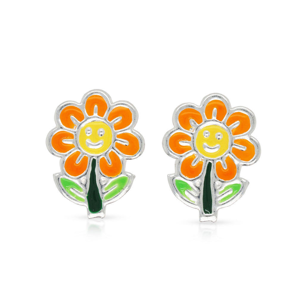 Sterling Silver Orange & Yellow Enamel Smiling Flower Stud E