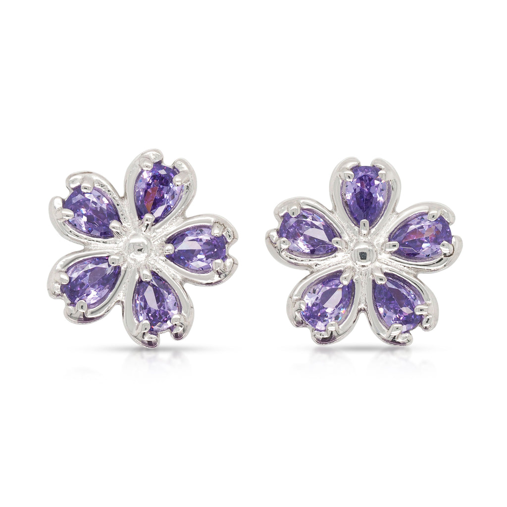 Sterling Silver Purple Cubic Zirconia Flower Stud Earrings