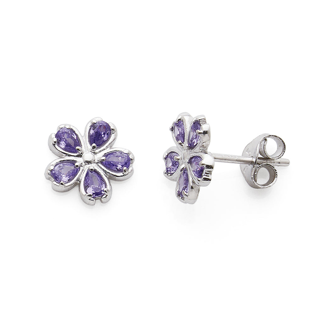 Sterling Silver Purple Cubic Zirconia Flower Stud Earrings