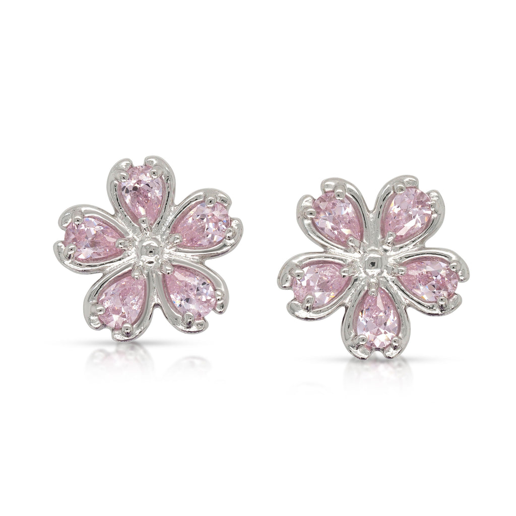 Sterling Silver Pink Cubic Zirconia Flower Stud Earrings