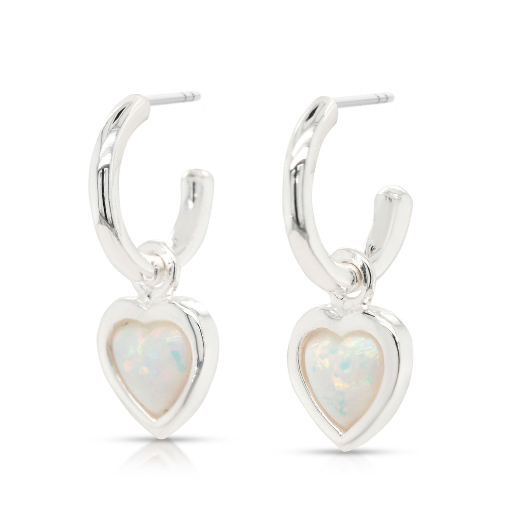 Sterling Silver Opal Look Hanging Heart 7mm 3/4 Hoop Stud Ea