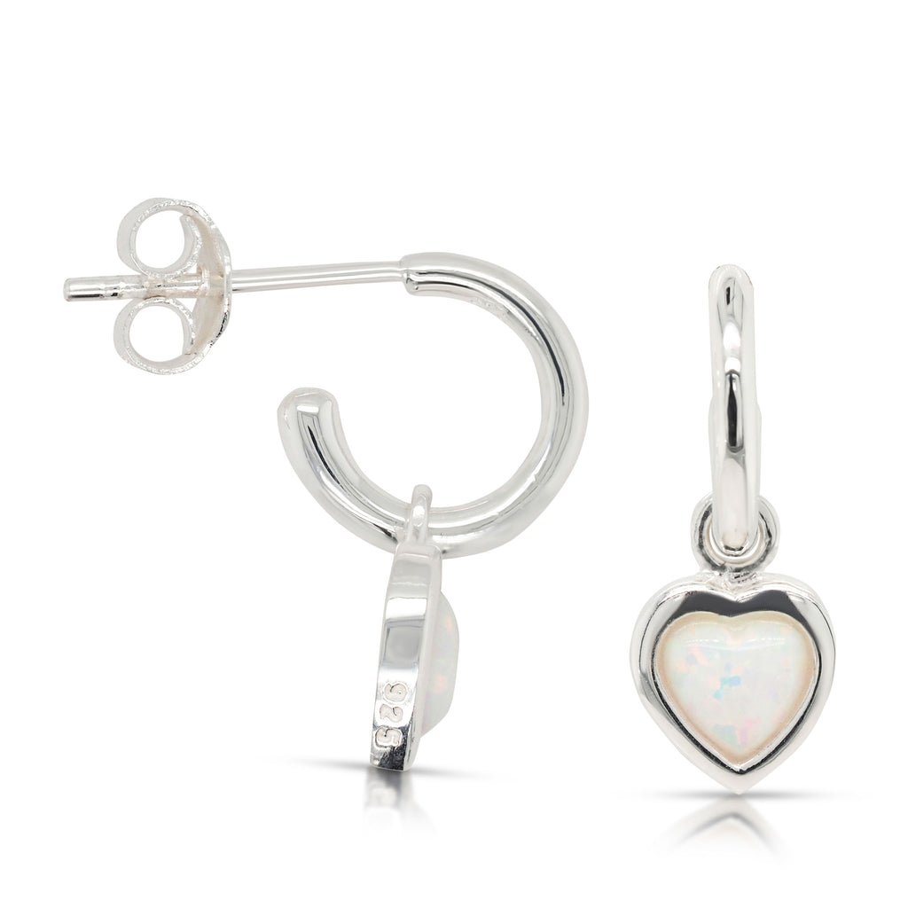 Sterling Silver Opal Look Hanging Heart 7mm 3/4 Hoop Stud Ea