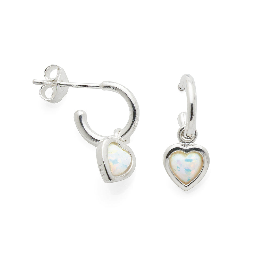 Sterling Silver Opal Look Hanging Heart 7mm 3/4 Hoop Stud Ea