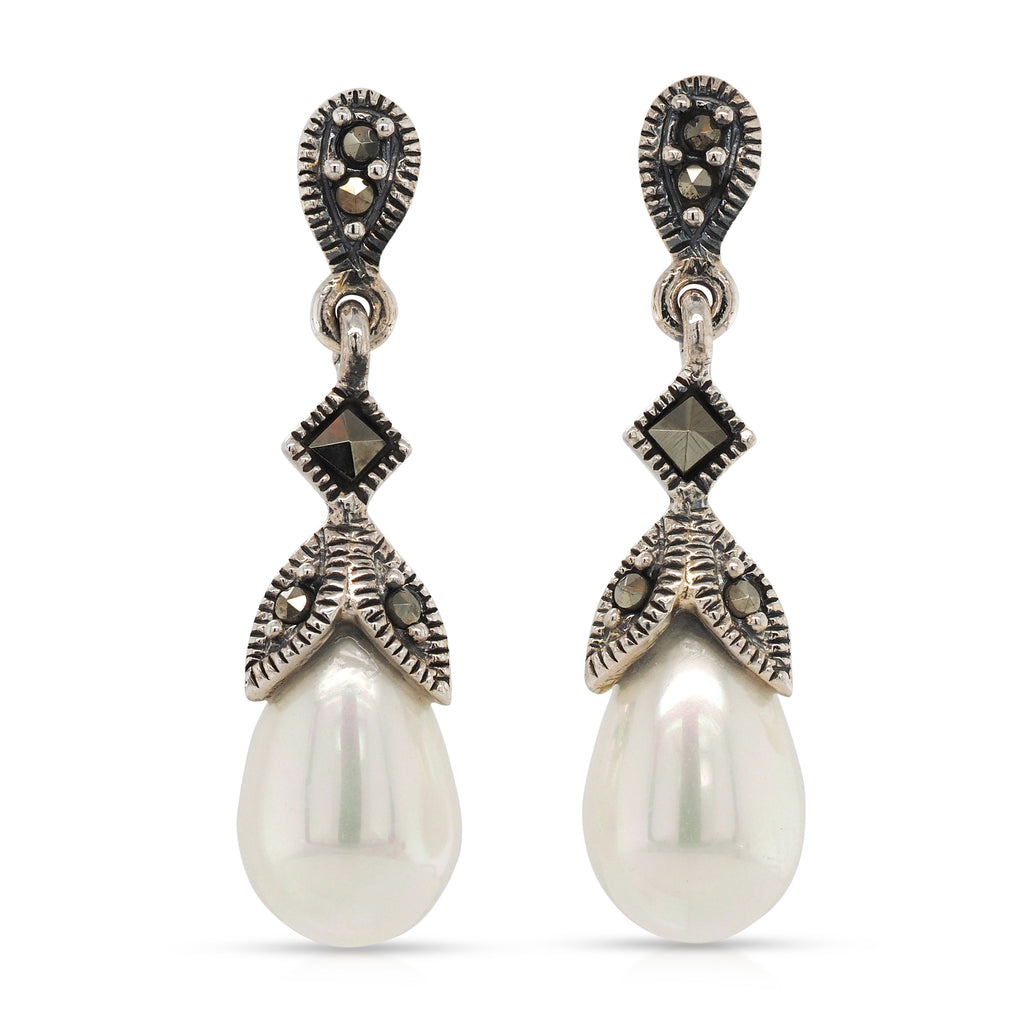 Sterling Silver Marcasite & Pearl Drop Stud Earrings