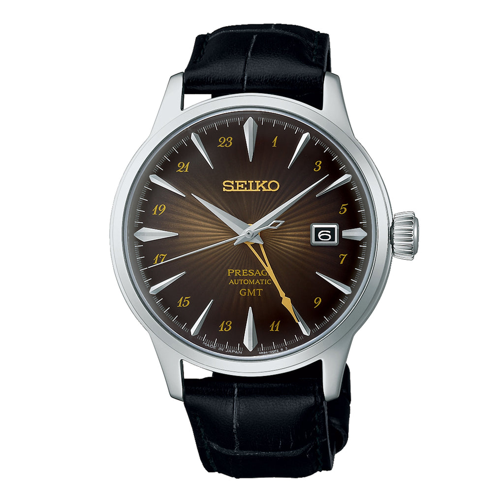 Seiko Presage Brown Dial Black Leather GMT Automatic Watch S