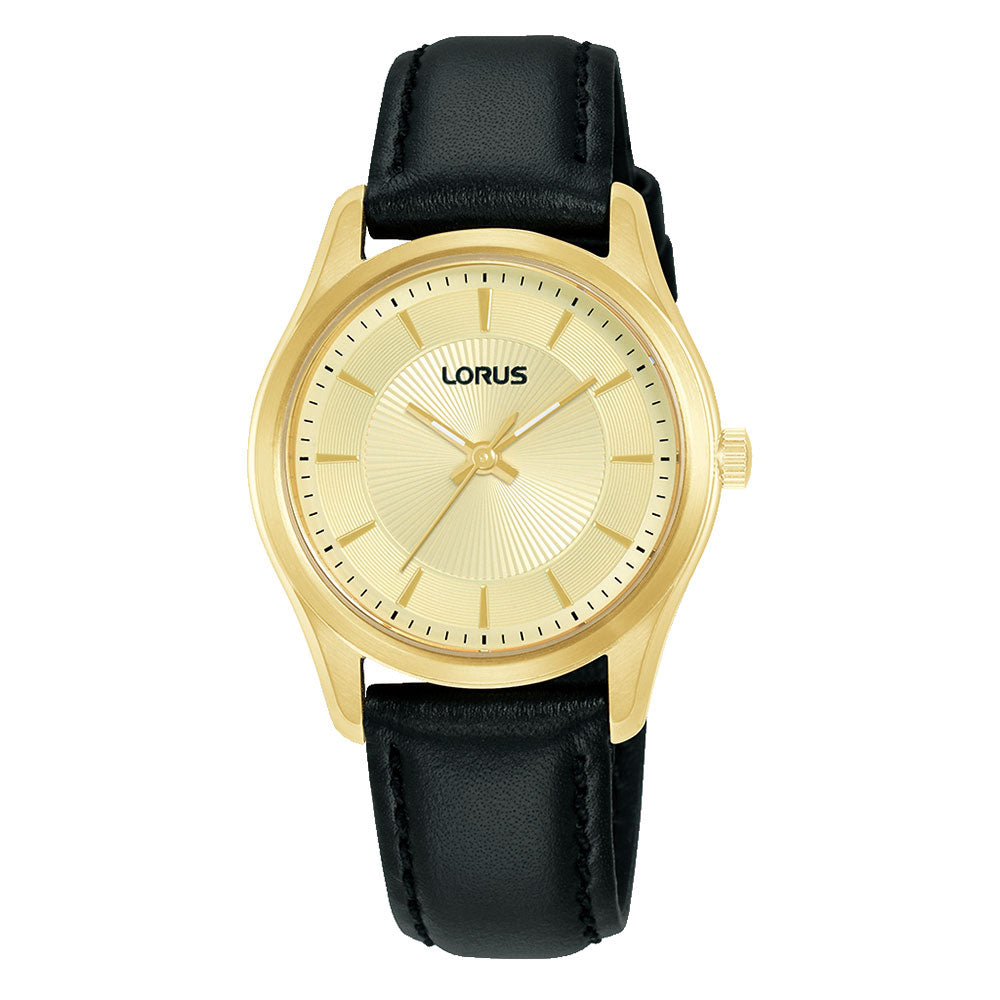 Lorus Gold-Tone Dial Black Leather Band Watch RG254XX-9