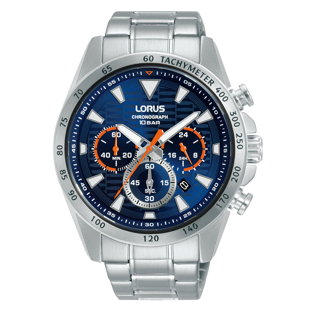 Lorus Chronograph Blue Dial & Orange Accent Sport Watch RT35