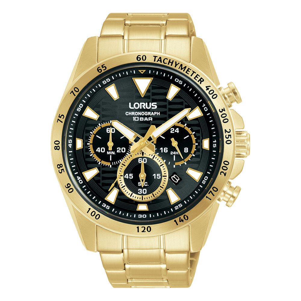 Lorus Chronograph Gold-Tone Black Patterned Dial Watch RT358