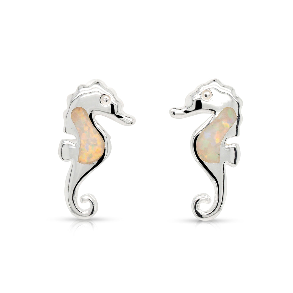 Sterling Silver Opal Look Seahorse Stud Earrings