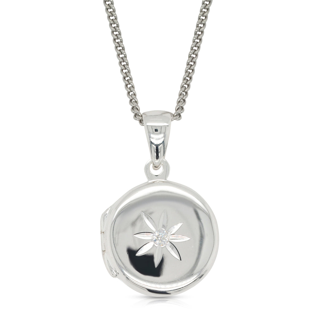 Sterling Silver Cubic Zirconia Flower 14mm Round Locket