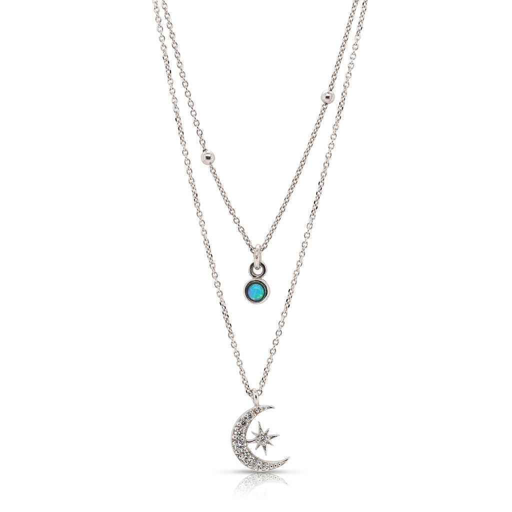 Sterling Silver Opal Look & Cubic Zirconia Moon & Star Layer