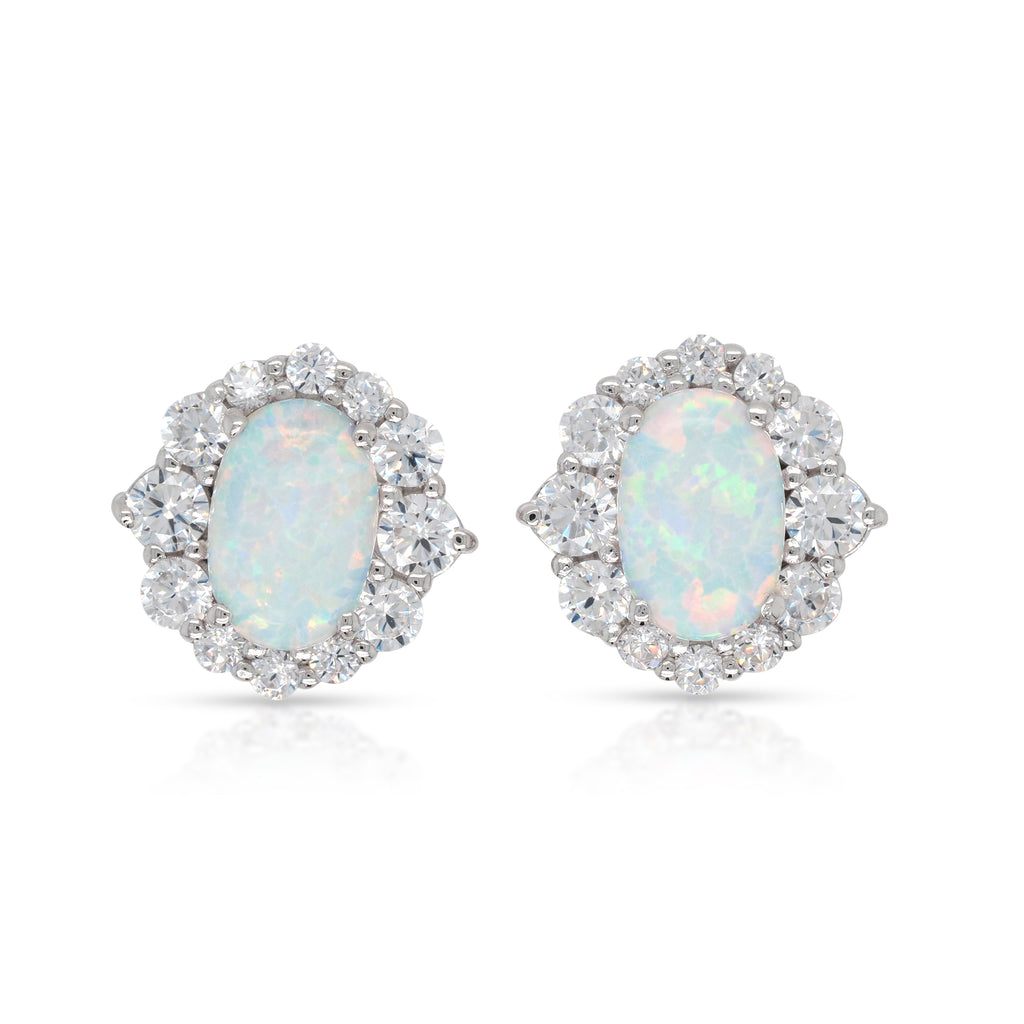 Sterling Silver Opal Look Oval Cubic Zirconia Halo Stud Earr