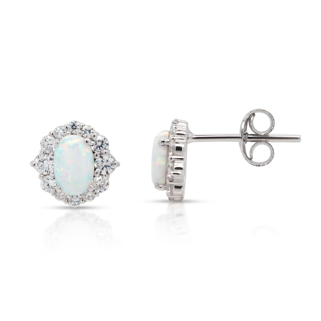 Sterling Silver Opal Look Oval Cubic Zirconia Halo Stud Earr