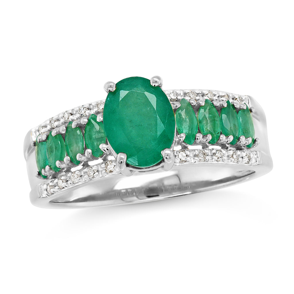 9ct White Gold Oval & Marquise Emerald & Diamond Ring TDW 0.